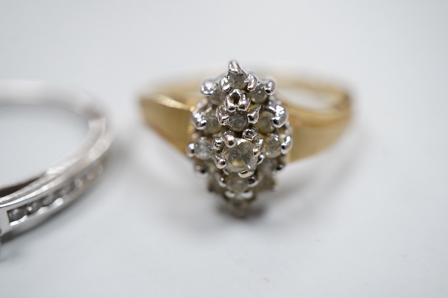 A collection of three rings, comprising: a ring, set with a brilliant-cut diamond weighing approximately 0.20 carats, to shoulders set with smaller brilliant-cut diamonds totalling approximately 0.16 carats, mounted in 9